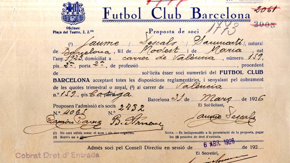El carnet de socio de Jaume Descals con el FC Barcelona