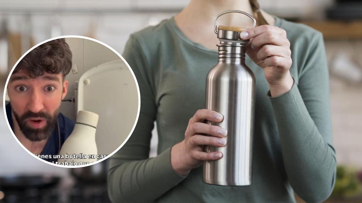 Una botella reutilizable, y en el círculo, el médico David Callejo