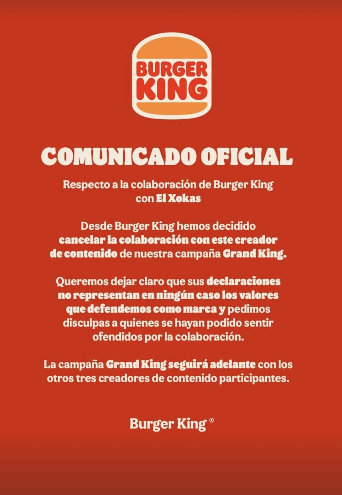 Burger King pone fin a la colaboración con El Xokas por sus declaraciones polémicas