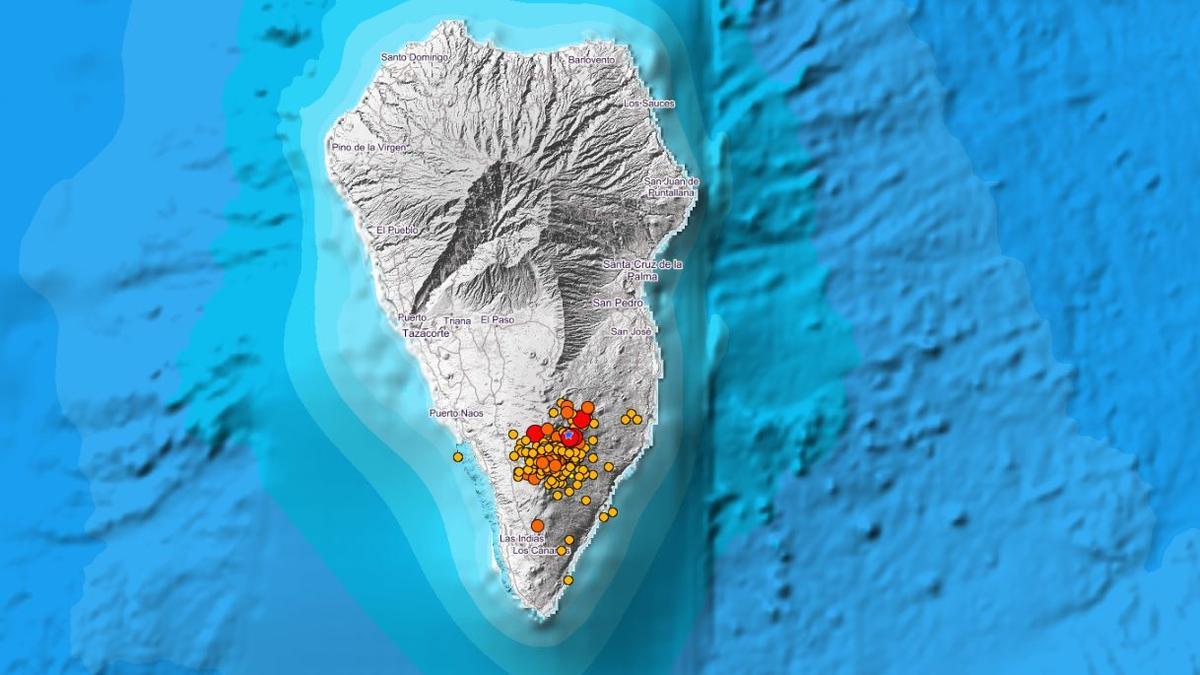Localización de los últimos terremotos en La Palma asociados a la erupción del volcán.