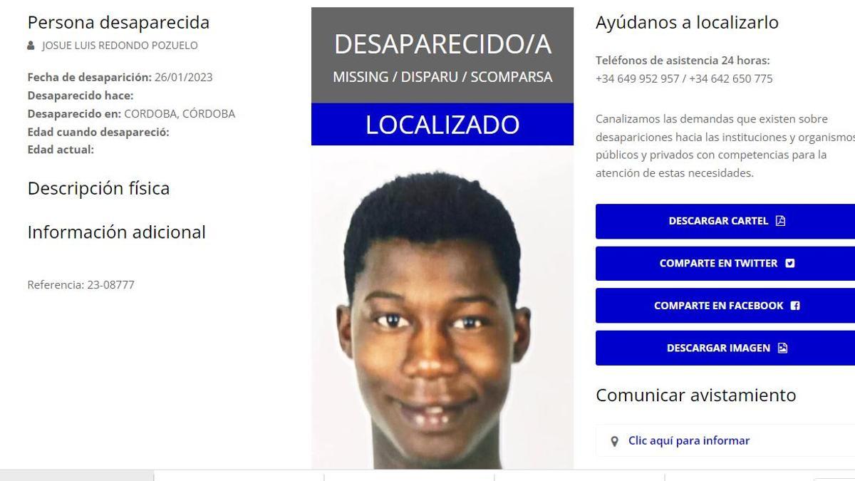 Web de Sos Desaparecidos informando de la localización de Josué.