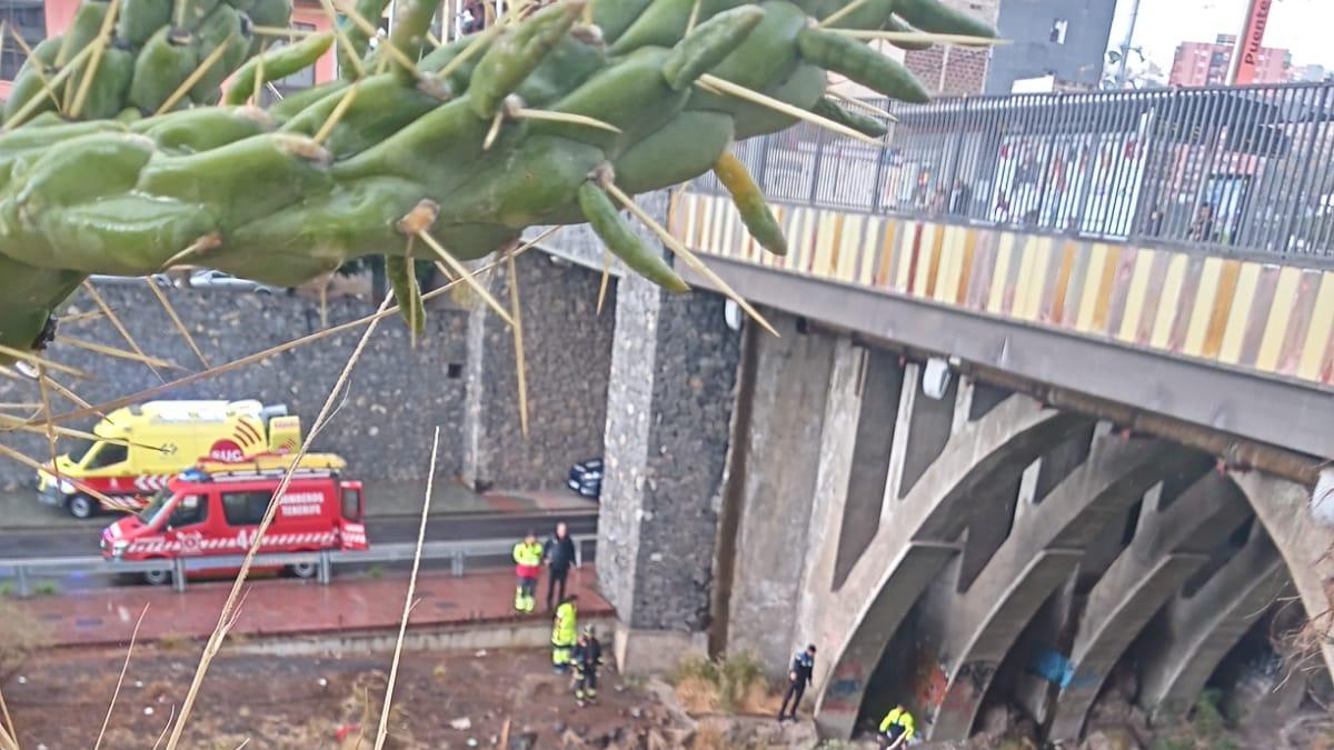 Efectivos de Bomberos proceden al rescate del varón que cayó el sábado al barranco de Santos desde el Puente Zurita.
