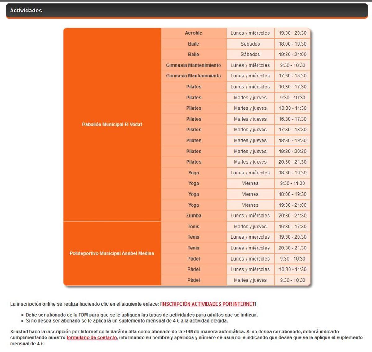 Horario de las actividades de adultos.