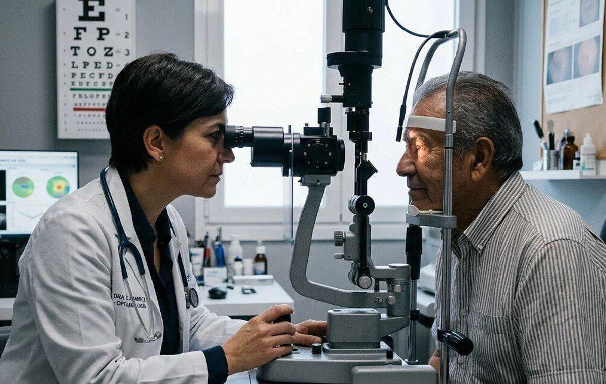 Una profesional en óptica y optometría realiza una revisión de la vista a un señor.