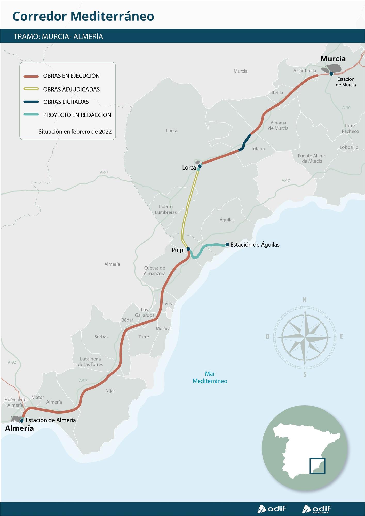 Recorrido de la Alta Velocidad entre Murcia y Almería.