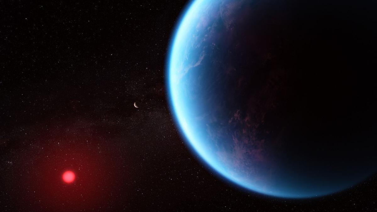 Representación artística del planeta K2-18 b, que sería el primer mundo oceánico confirmado oficialmente.