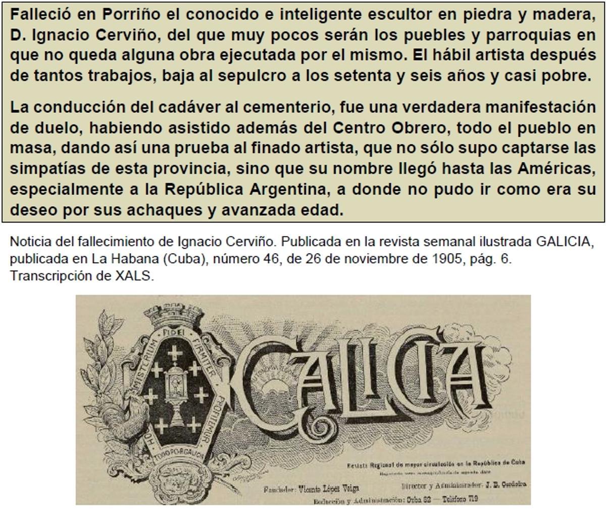 Una noticia sobre la muerte del maestro Ignacio Cerviño, recogida en la revista &quot;Galicia&quot;, publicada en La Habana (Cuba).