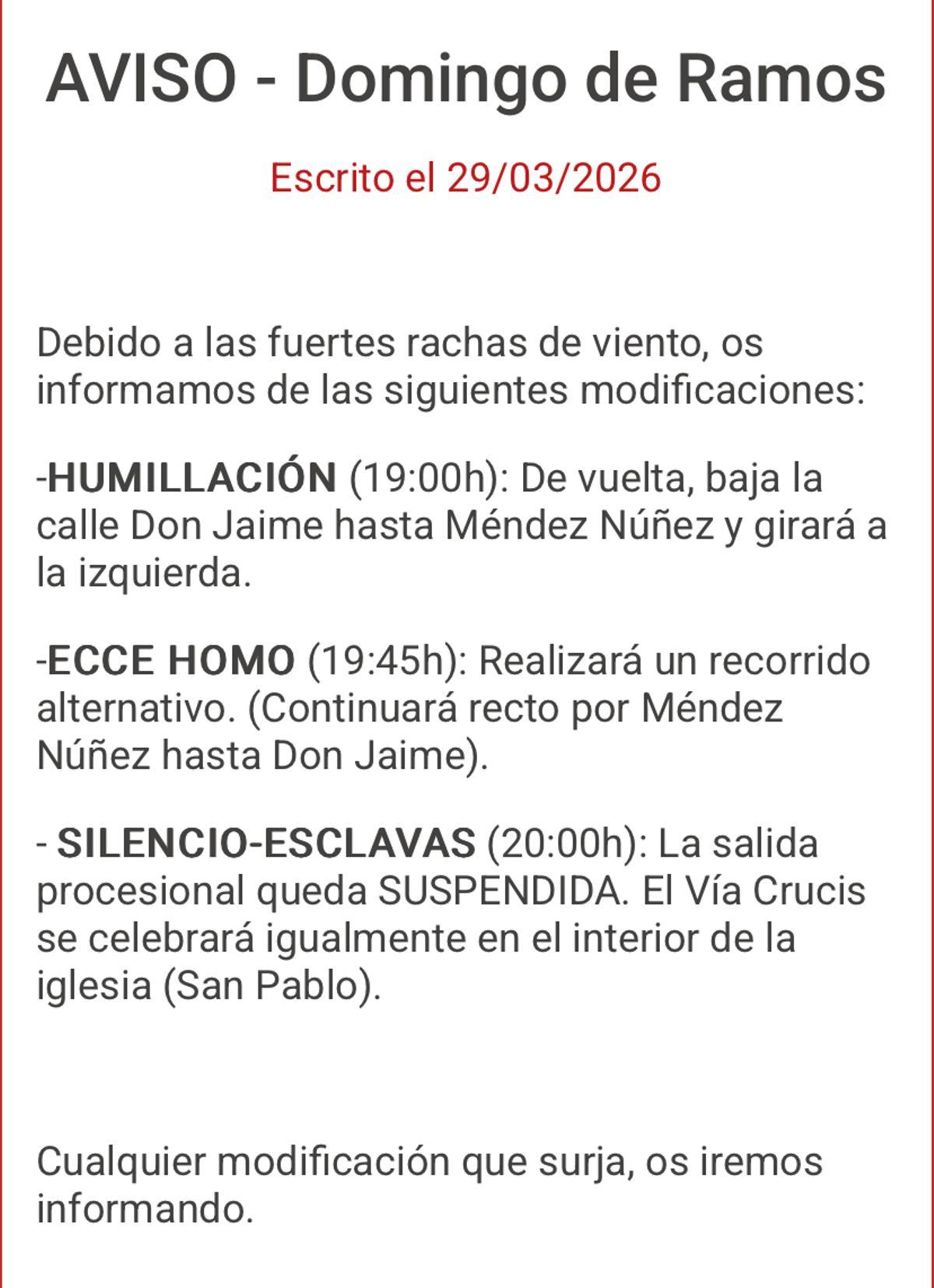 El aviso oficial comunicado a través de la App de la Semana Santa en Zaragoza.