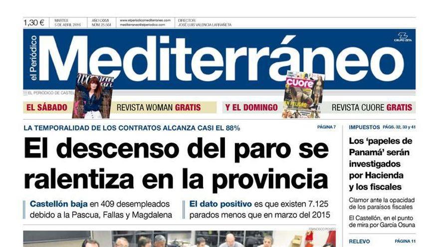 El descenso del paro se ralentiza en la provincia, en la portada de Mediterráneo