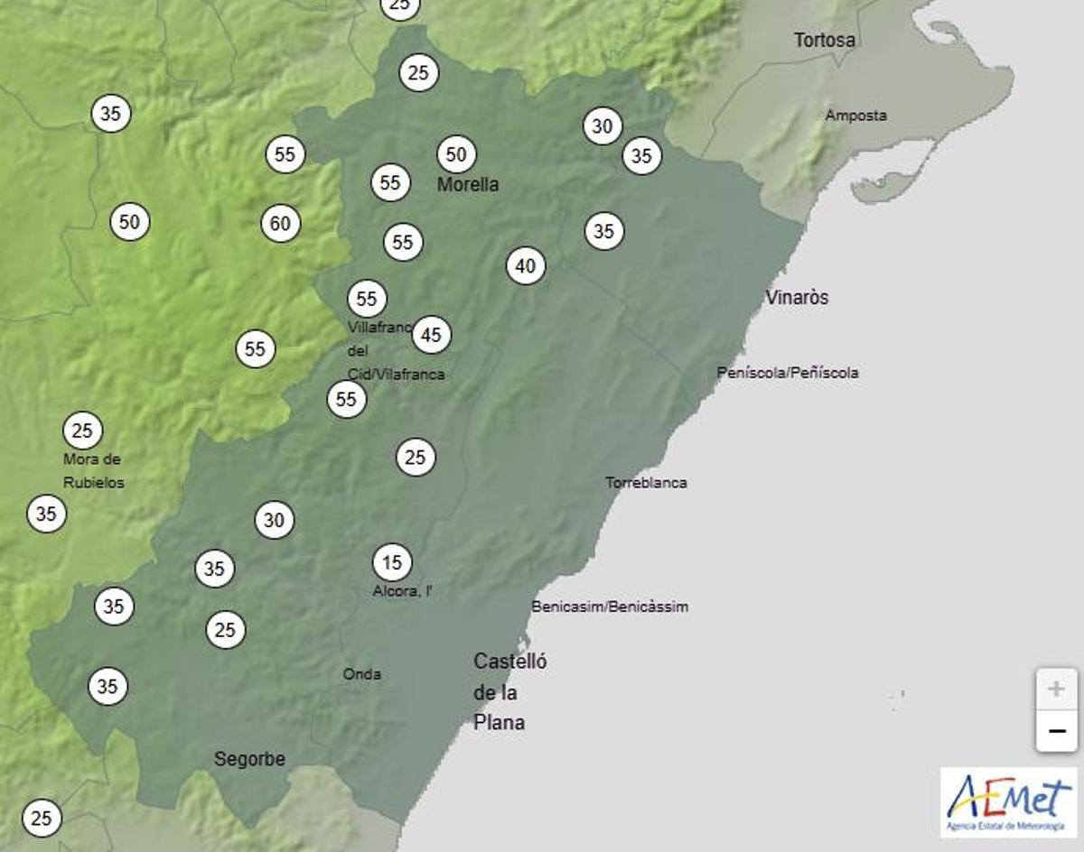 Probabilidad de nieve en Castellón entre las 18.00 y las 0.00 horas del jueves.