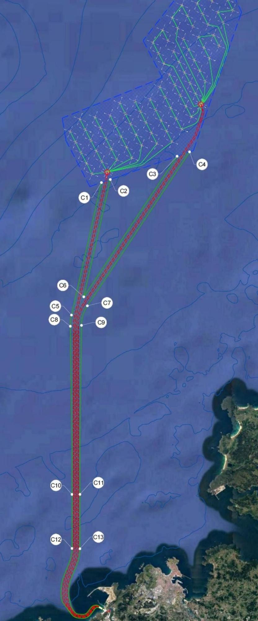 Ubicación del parque eólico flotante Galicia Nordés, situado frente a la costa coruñesa, y su conexión con la red eléctrica terrestre en la playa de Sabón.   | // LA OPINIÓN