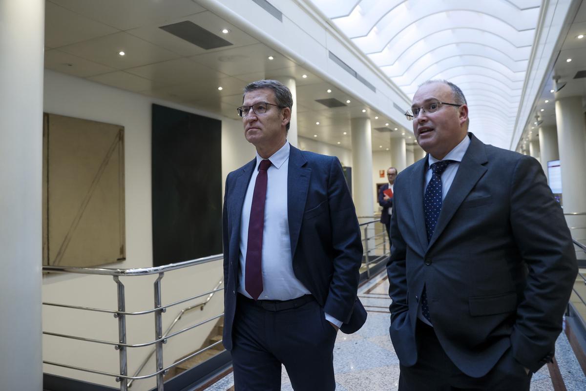 El líder del Partido Popular, Alberto Núñez-Feijóo (i), conversa con el portavoz del Partido Popular en el Congreso, Miguel Ángel Tellado.