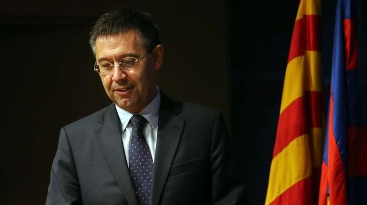 Josep Maria Bartomeu, a la sala de premsa del Camp Nou.