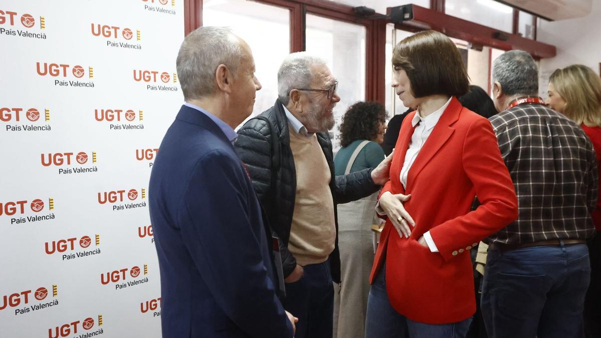 Ismael Sáez, Cándido Méndez y Diana Morant, en la sede de UGT-PV.
