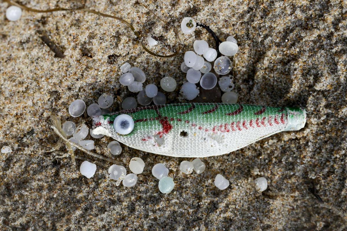 Un pez sintético, empleado como señuelo de pesca, entre varios pellets de plástico en la playa de Ber, del concello coruñés de Pontedeume.