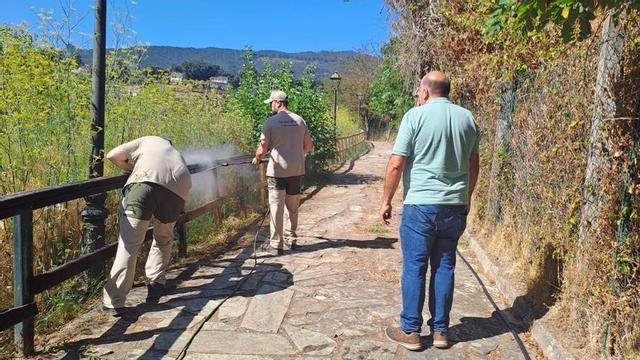 Unos alumnos de la escuela taller reparan las barandillas de madera del paseo del río Pexegueiro.