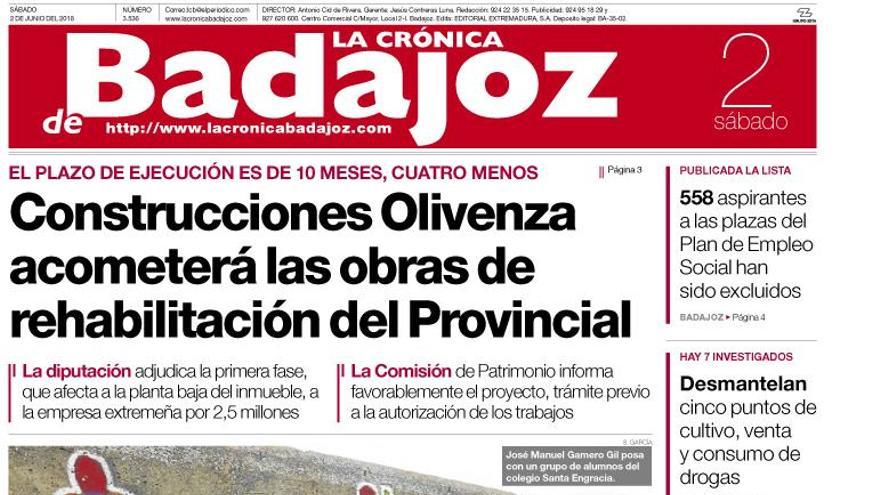 Esta es la portada de LA CRÓNICA DE BADAJOZ correspondiente al día 2 de junio del 2018