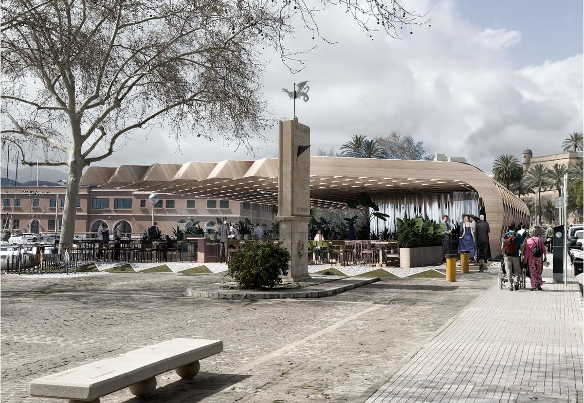 Recreación del Bar Pesquero con su llamativa pérgola de madera laminada en el Moll de sa Llonja