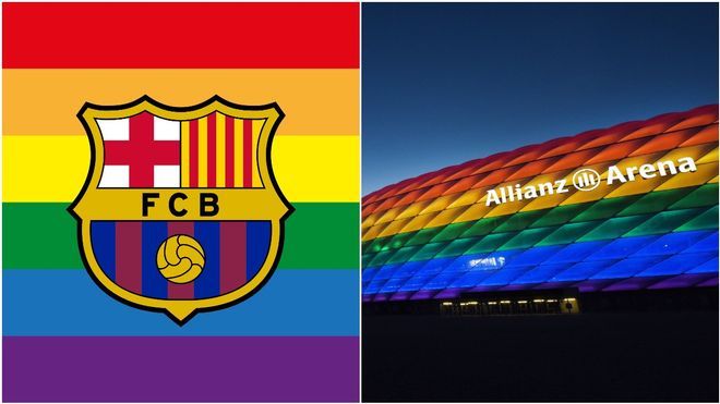 El escudo del Barça y el estadio Allianz Arena
