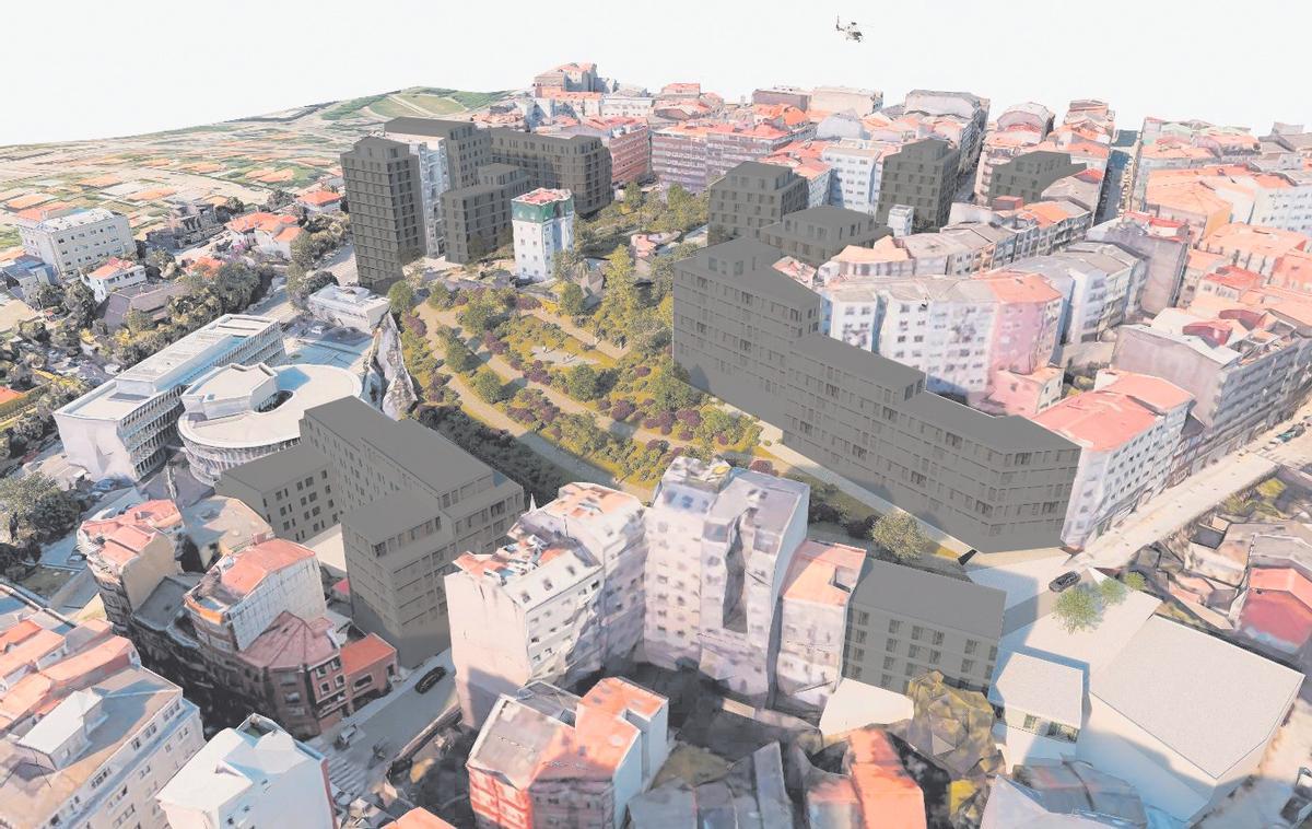 Imagen virtual de los edificios previstos en el Parque del Agra y su entorno, sombreados con respecto a los existentes.