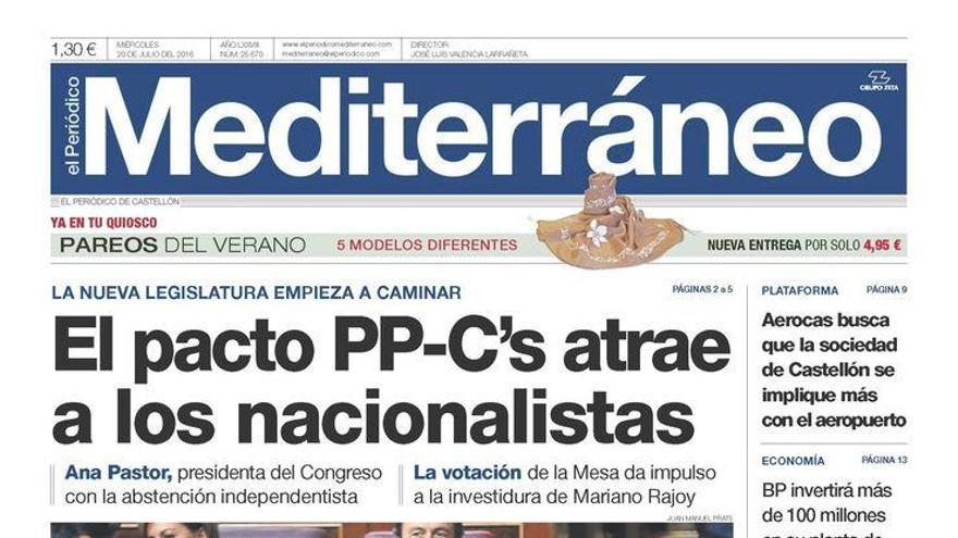 El pacto PP-Ciudadanos atrae a los nacionalistas, en la portada de Mediterráneo