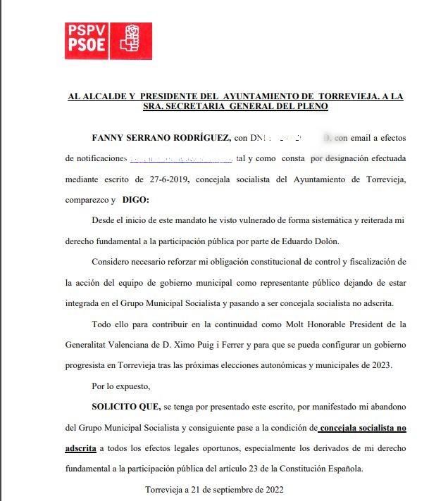 Registro de la condición de concejala no adscrito comunicada por Serrano al alcalde de Torrevieja este jueves