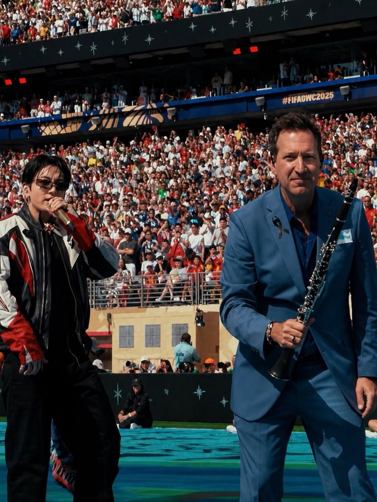 El músico de Benifaió Pascual Martínez junto al cantante de BTS en el concierto del descanso de la final del mundial.
