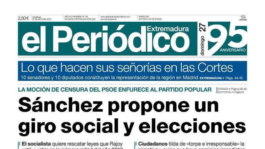 Esta es la portada de EL PERIÓDICO EXTREMADURA correspondiente al día 27 de mayo del 2018