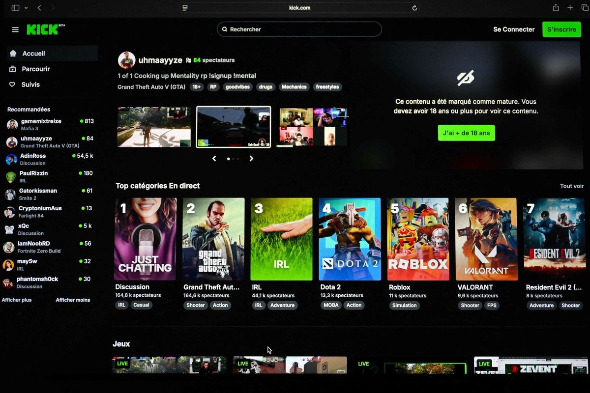 Pantalla de inicio de la plataforma de streaming Kick, que emitía las palizas a Jean Pormanove.
