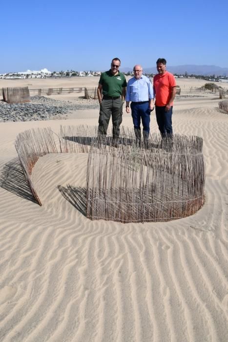 13/05/2019 MASPALOMAS. SAN BARTOLOME DE TIRAJANA. El presiddente del Cabildo de Gran Canria, Antonio Morales, y el consejero de Medio Ambiente y Emergencias, Miguel Ángel Rodríguez, informan del inicio de la segunda fase del proyecto para la recuperación de las dunas de Maspalomas, Masdunas, pionero en el mundo por sus carcterísticas .    Fotógrafa: YAIZA SOCORRO.  | 13/05/2019 | Fotógrafo: Yaiza Socorro