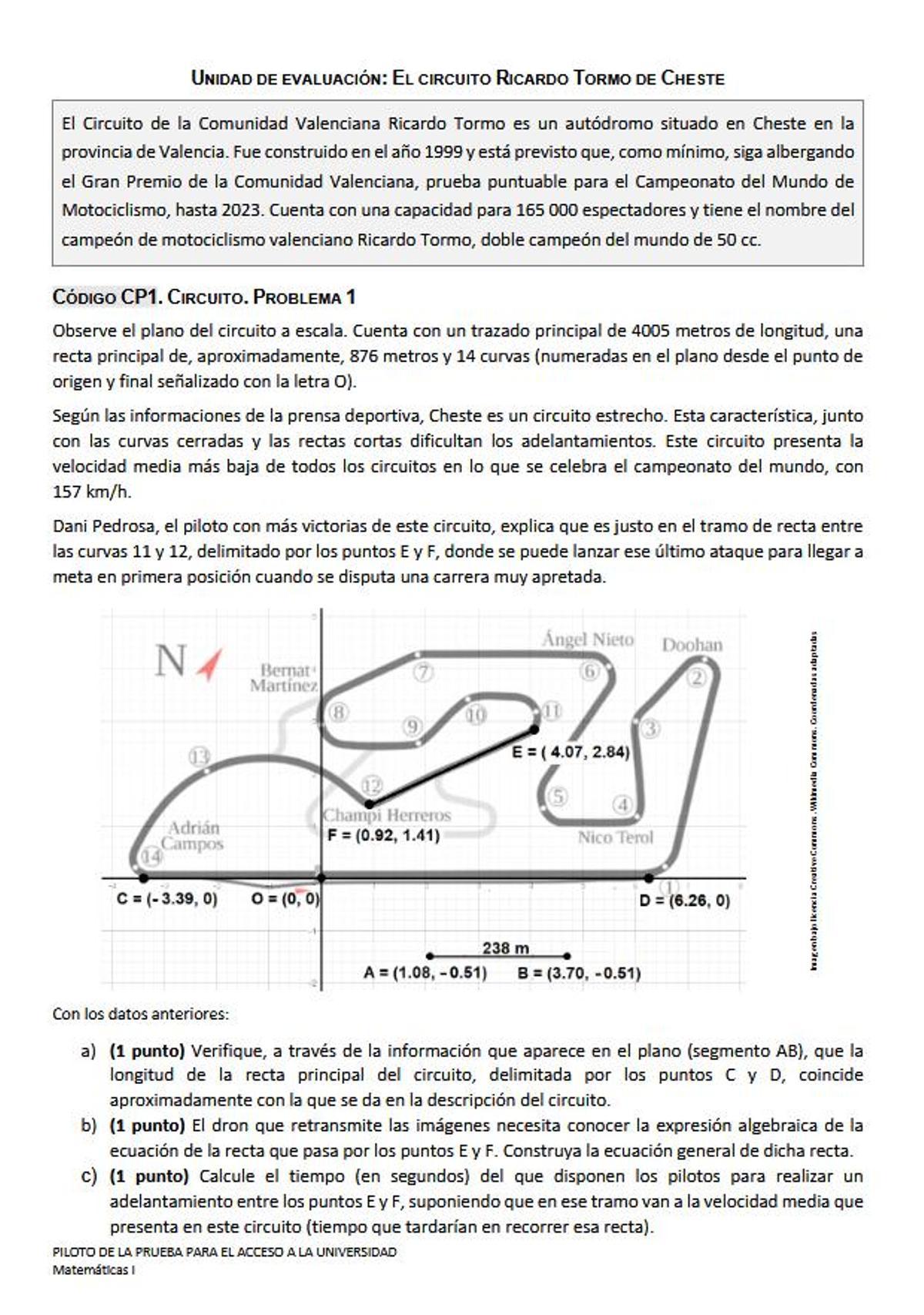 Uno de los ejercicios de la selectividad donde se preguntaba por el circuito de Cheste