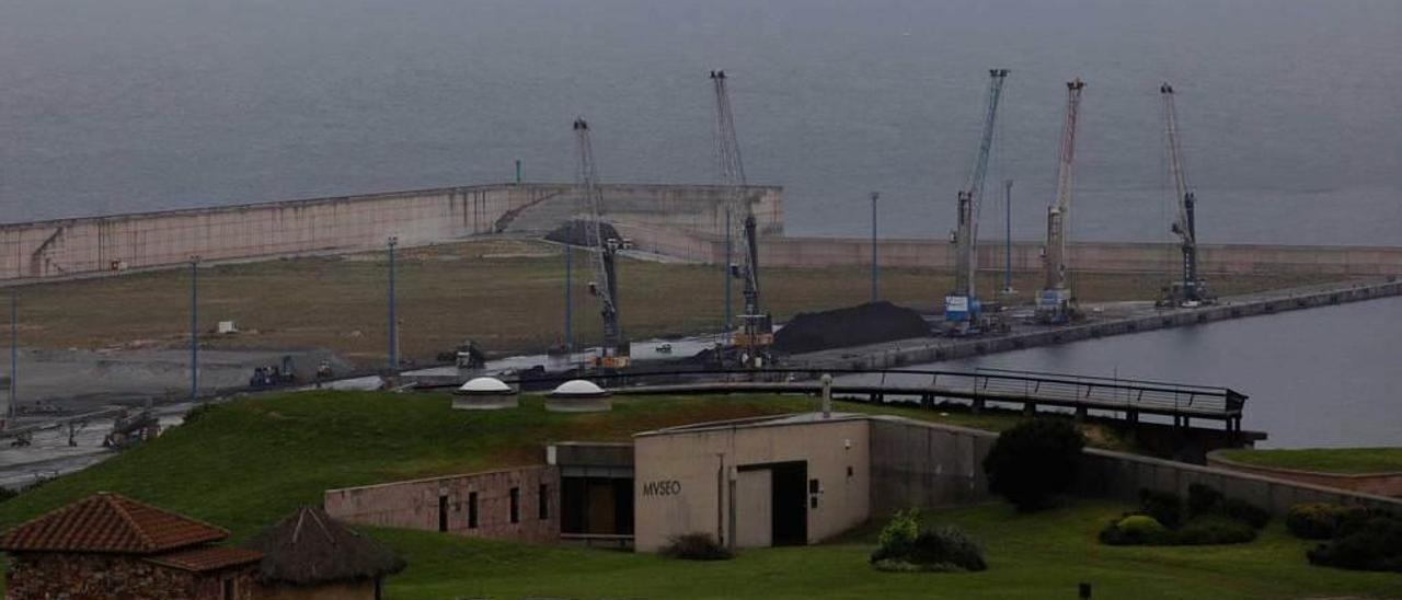 El Muelle Norte de El Musel, ayer, con cinco grúas automóviles.