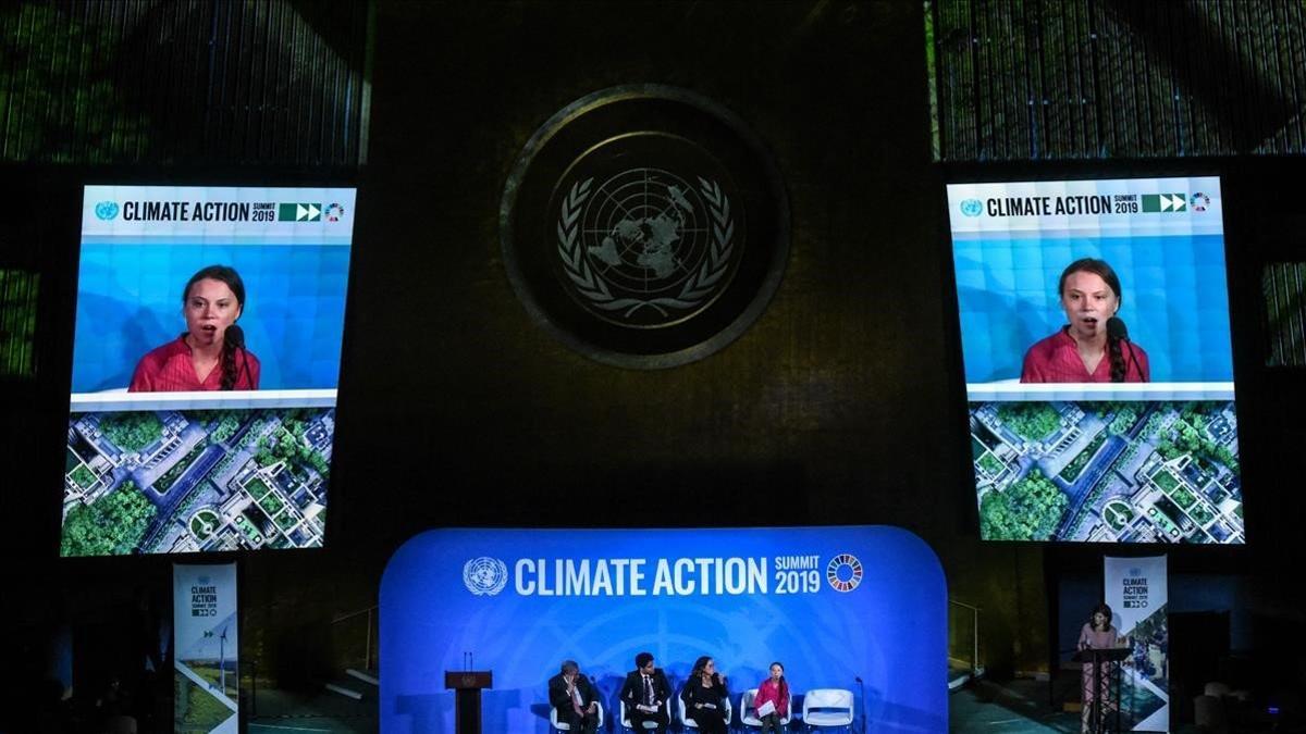 Greta Thunberg hablando en la ONU.