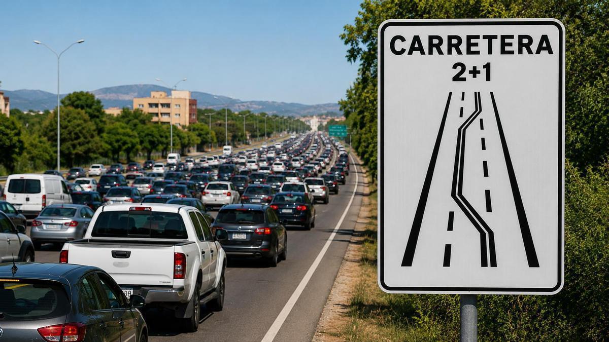 La señal 2+1 indica una vía de tres carriles en el que el central es en el que se puede adelantar