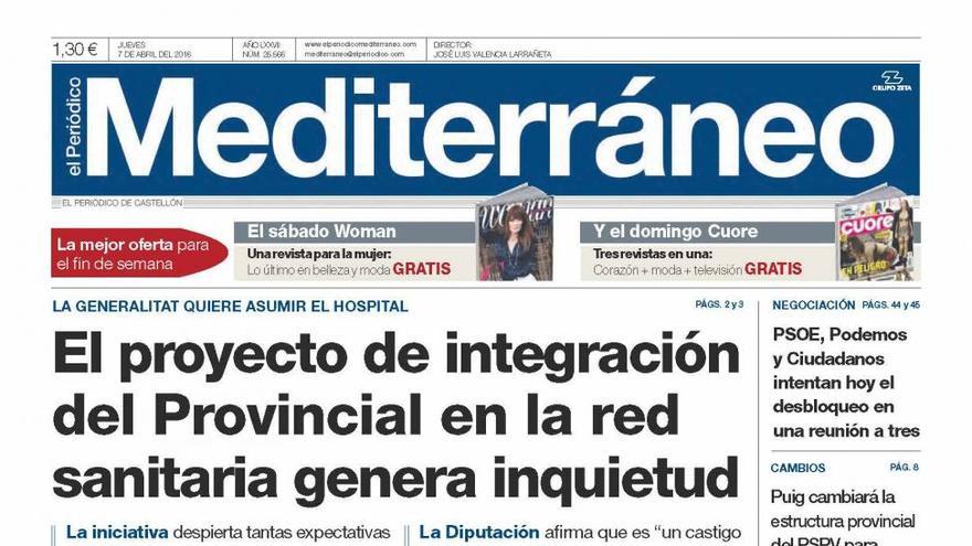 El proyecto de integración del Provincial en la red sanitaria genera inquietud, hoy en la portada de El Periódico Mediterráneo