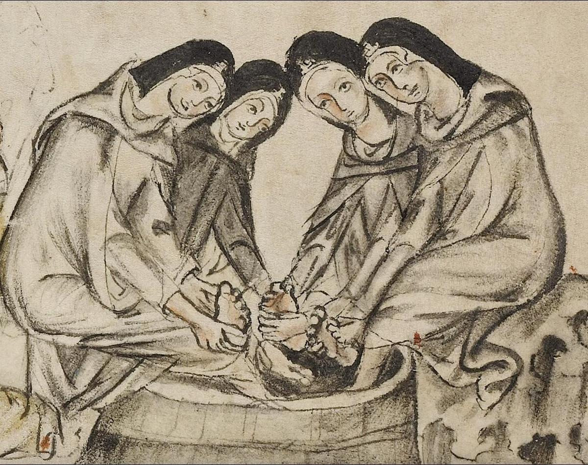 Edad Media. Imagen pictórica de unas monjas lavándose los pies