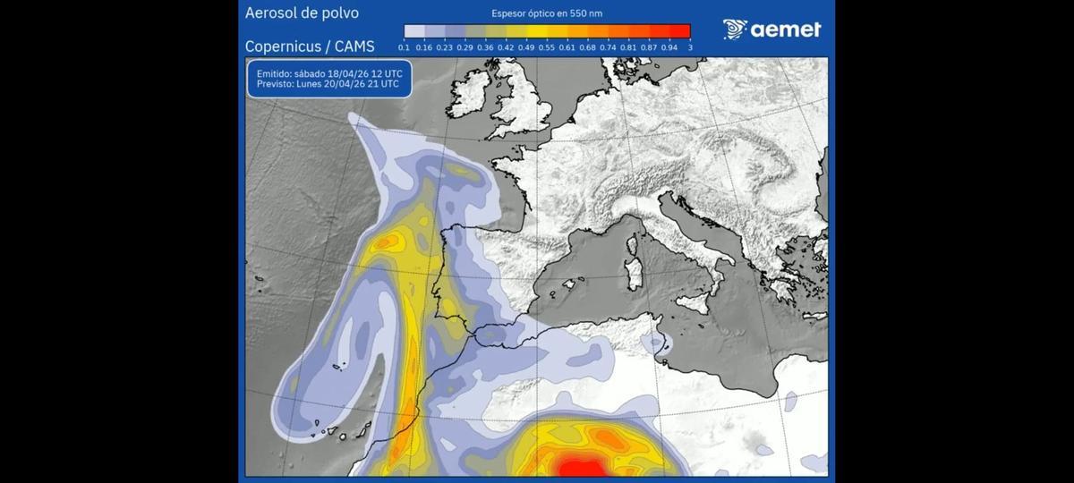 Llegada del aire subtropical a la península Ibérica, en mapa difundido por la Aemet.