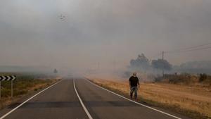 Un medio aéreo trabaja en la extinción del incendio de Losacio. / EMILIO FRAILE