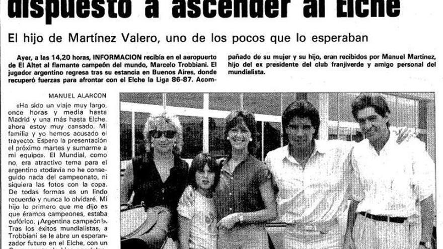 Noticia del recibimiento a Trobbiani tras ganar el Mundial en 1986