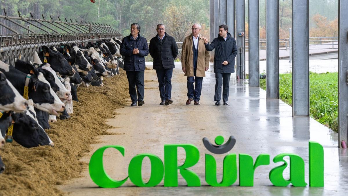 Los máximos responsables de Clun y Leche Celta en una explotación láctea.