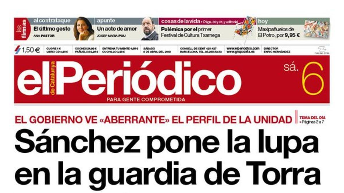 La portada de EL PERIÓDICO del 6 de abril del 2019