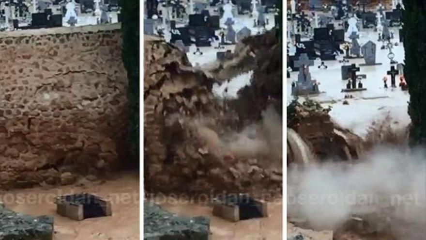 El muro de un cementerio se derrumba por las tormentas en Soria