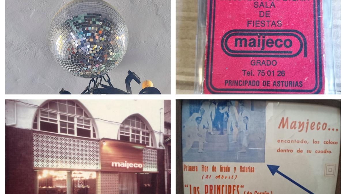 La bola de la discoteca, unos posavasos, un cartel anunciador de un espectáculo y exterior del establecimiento en una foto antigua.