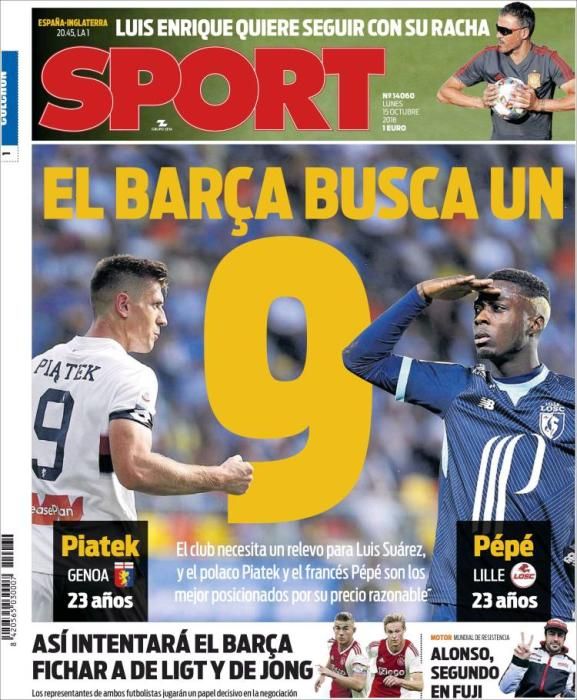 Portada SPORT lunes 15 de octubre de 2018