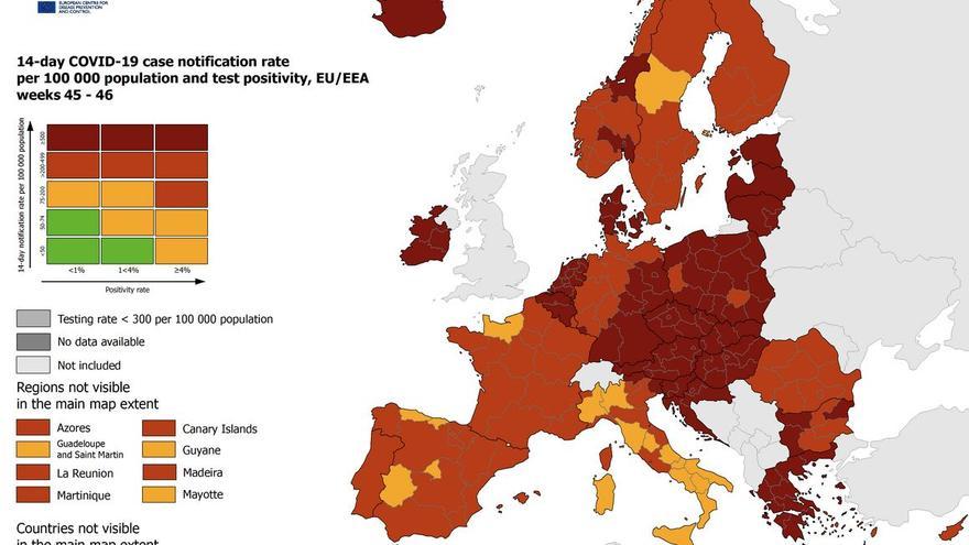 Mapa actualizado a 30 de noviembre de riesgos de contagios de la Unión Europea