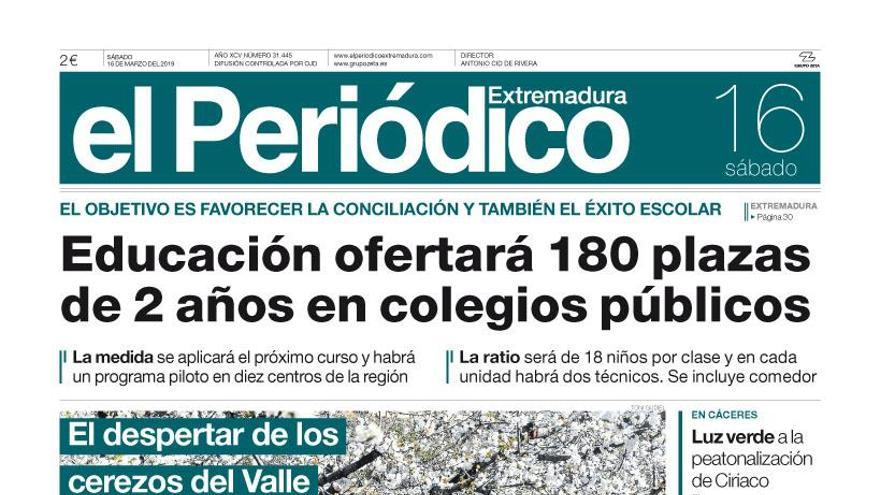 Esta es la portada de EL PERIÓDICO EXTREMADURA correspondiente al día 16 de marzo del 2019