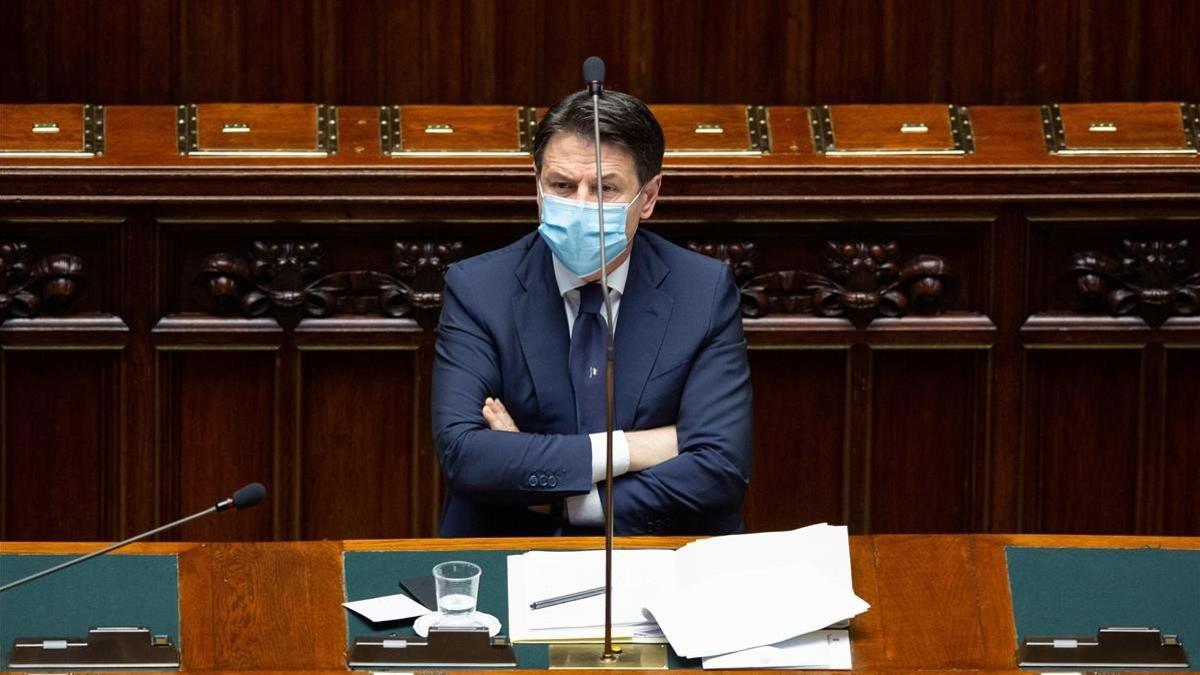 El primer ministro italiano, Giuseppe Conte, durante una intervención en el Senado este jueves.