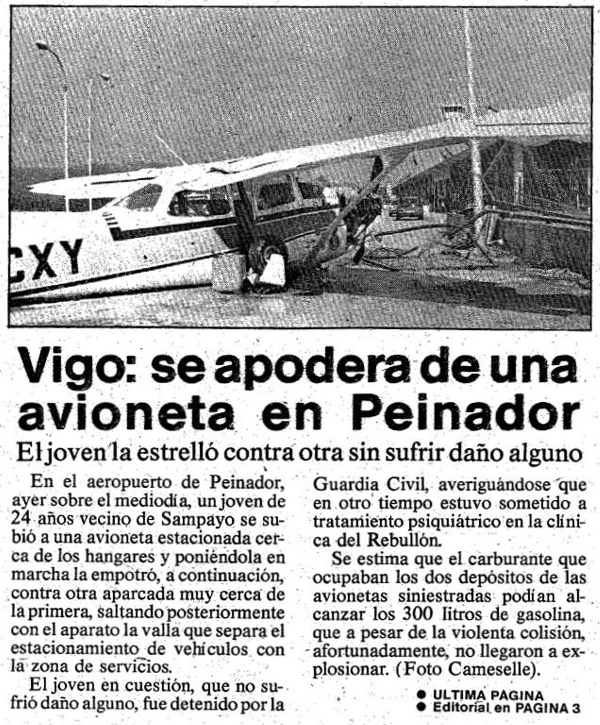 El robo de la avioneta en Peinador fue recogido por FARO DE VIGO en su portada del 16 de octubre de 1985.
