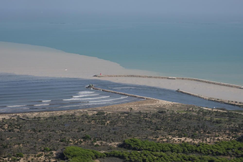 Aspecto de la huerta de San Fulgencio y Guardamar totalmente anegada con las urbanizaciones de La Marina a la derecha