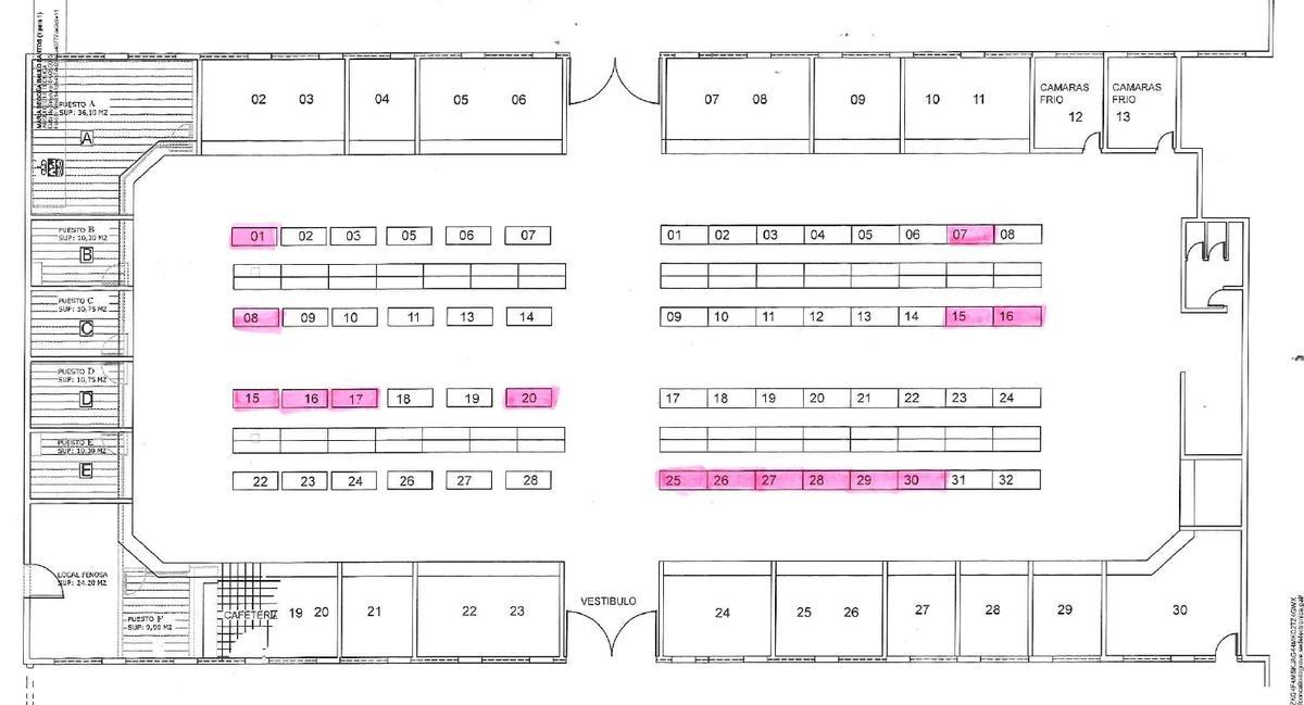 Plano de la ubicación de los puestos a concurso antes de retirar el 25, en traspaso.